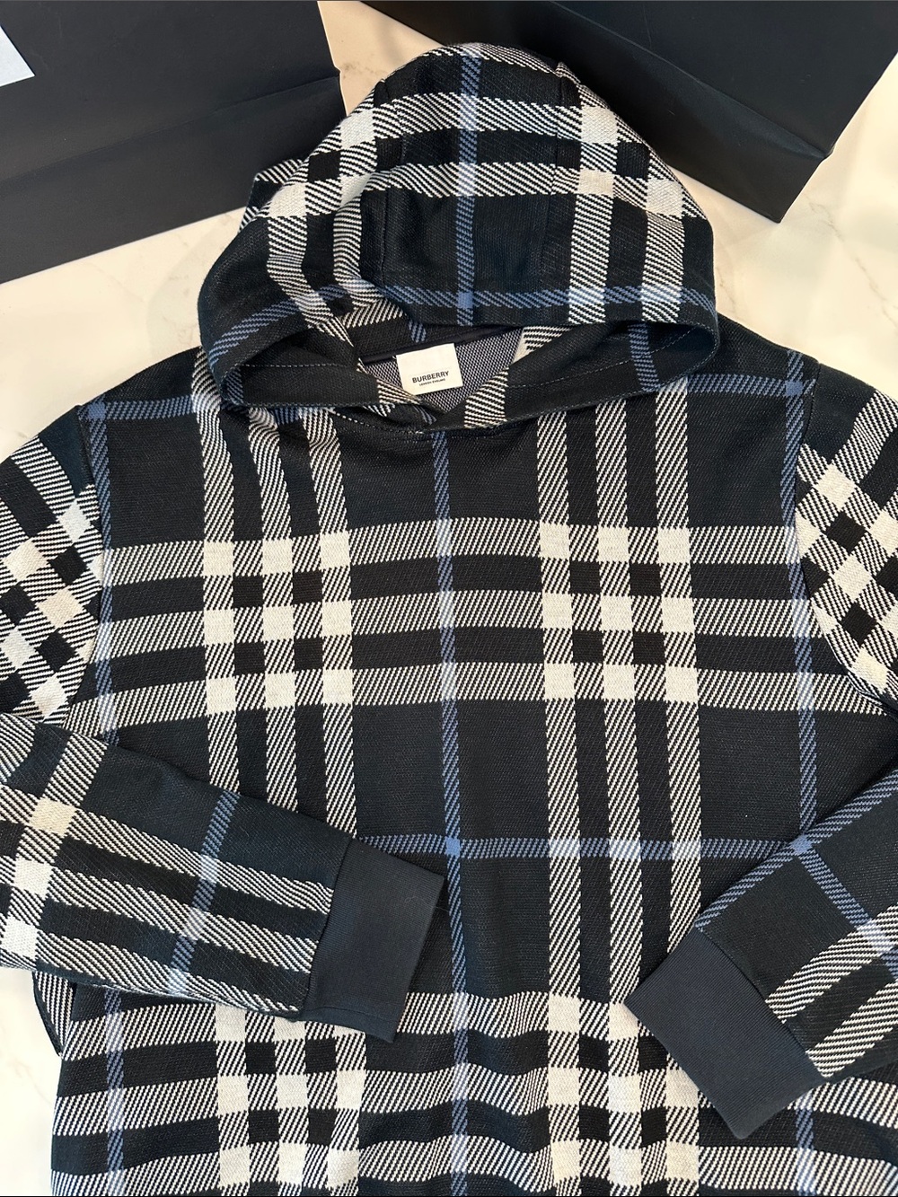Men’s Burberry Black, White & Navy Plaid Hooded Sweatshirt